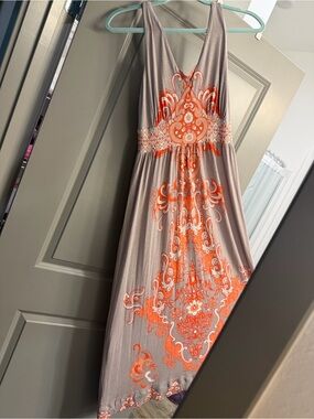 INC International Concepts Taupe Maxi Dress with Orange Paisley Detail